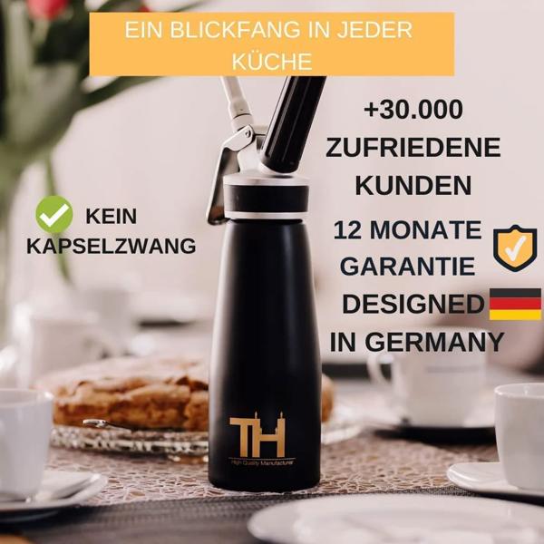 500ml Sahnespender Set: edles schwarz, 3 Aufsätze & Bürste, inkl. 3 Gas Kapseln - Professionelle Schlagsahne, einfache Zubereitung für Desserts & Kaffee