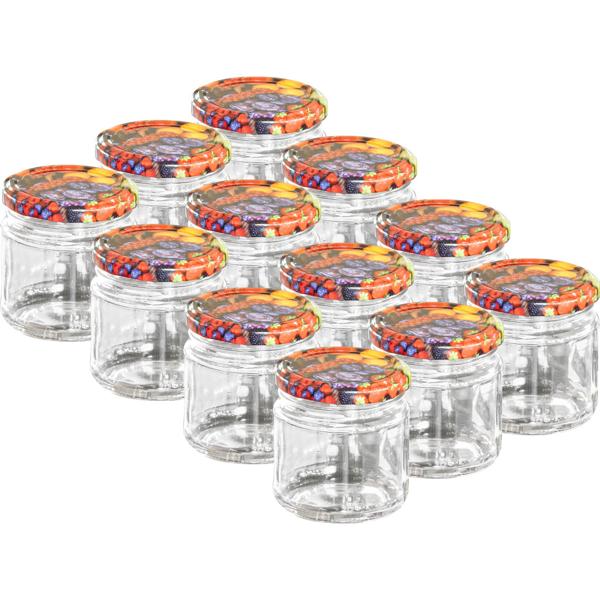 12 Pots à Confiture 210ml avec Couvercle à Visser - Motifs Fruits - Hermétiques pour Confitures, Gelées, Desserts, Épices
