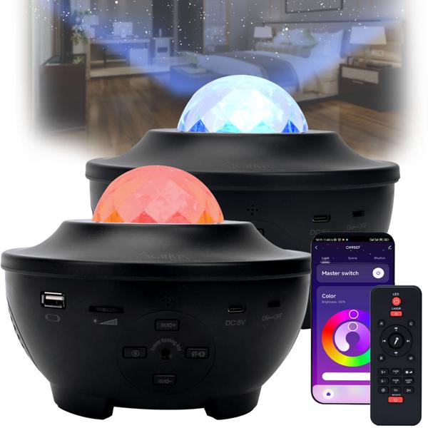 Set da 2 proiettori laser cielo stellato - Altoparlante Bluetooth e controllo vocale via app - Copertura fino a 200 m² - WiFi, LED RGBW, luce notturna e timer