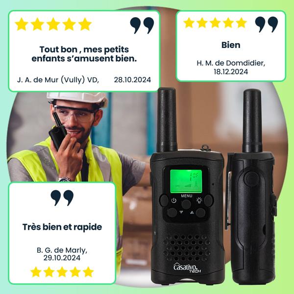 Lot de 4 Talkies-Walkies PMR446 - Fonction VOX & Lampe LED - Portée 10 km, 8 Canaux, 38 Sous-Canaux - Idéal Randonnée, Camping