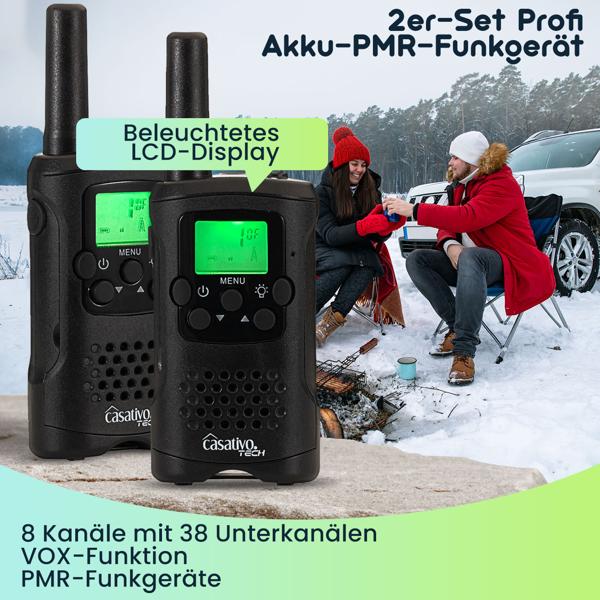 4er-Set Profi Akku-PMR-Funkgerät, Gürtelclip & Taschenlampe, Walkie Talkie mit 10km Reichweite, 8 Kanäle, Ladestation, 8 Stunden Sprechzeit