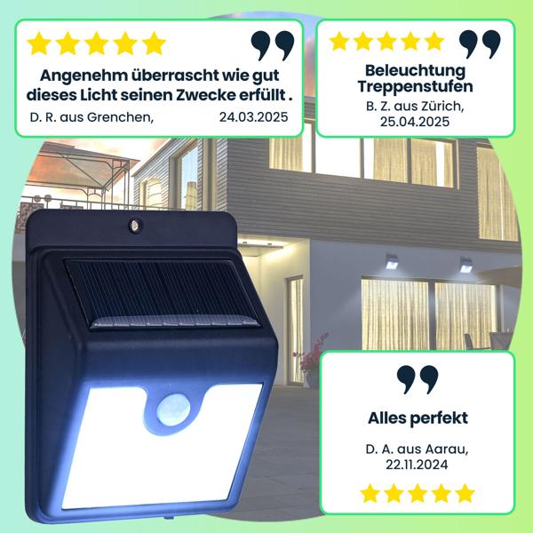 2er-Set Sichere & praktische LED-Solar-Wandleuchte mit Bewegungsmelder: 50 Lumen, IP44 – Helles Aussenlicht für mehr Sicherheit rund ums Haus