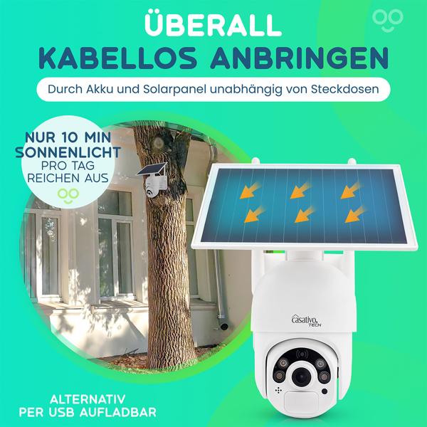 2er-Set Smarte Überwachungskamera, Solar / kabellos, Pan-Tilt, FullHD, Solar Panel, PIR Sensor, Aussen, Nachtsicht, 2-Wege-Audio/ Video, IP66, weiss