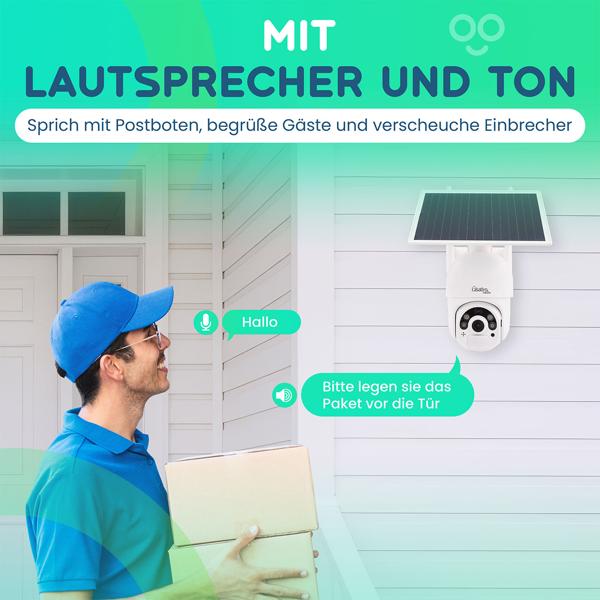 2er-Set Smarte Überwachungskamera, Solar / kabellos, Pan-Tilt, FullHD, Solar Panel, PIR Sensor, Aussen, Nachtsicht, 2-Wege-Audio/ Video, IP66, weiss