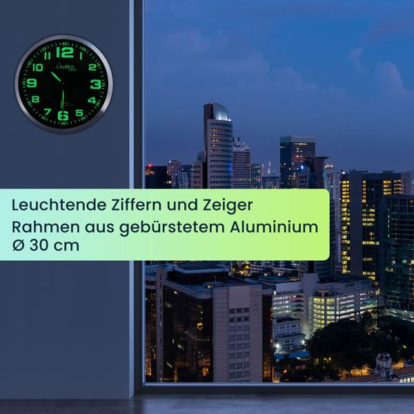 2er-Set Leise Funk-Wanduhr, Aluminium, Ø 30 cm, nachleuchtende Anzeige, silber-schwarz. Präzises Quarz-Uhrwerk, elegante Wanddekoration