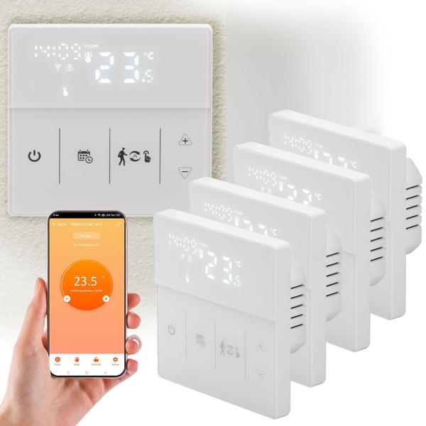 4er WLAN-Thermostat-Set für Fussbodenheizung - App- & Sprachsteuerung (Alexa/Google/Siri) - Fenster-offen-Erkennung - 2 Sensoren - weiss