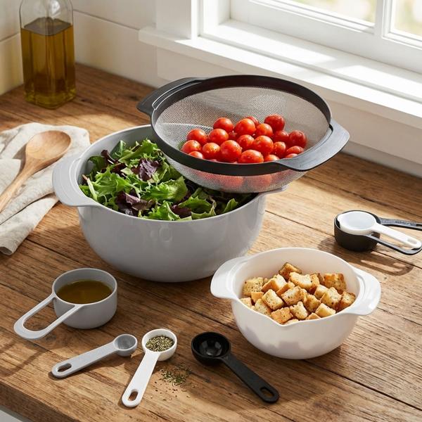 Set de bols et saladiers 8 en 1 - Tasses à mesurer, cuillères, passoire - Inox/Plastique, Sans BPA, Empilable, Lave-vaisselle/Micro-ondes