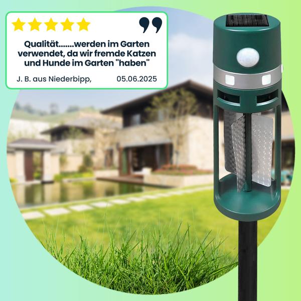Solar Tiervertreiber mit Erdspiess und Bewegungssensor, Ultraschall und Lichtblitze, vertreibt Hunde, Katzen, Füchse, Vögel sowie Ratten und Mäuse