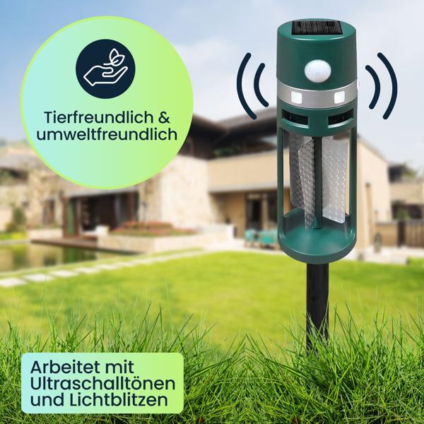 Solar Tiervertreiber mit Erdspiess und Bewegungssensor, Ultraschall und Lichtblitze, vertreibt Hunde, Katzen, Füchse, Vögel sowie Ratten und Mäuse