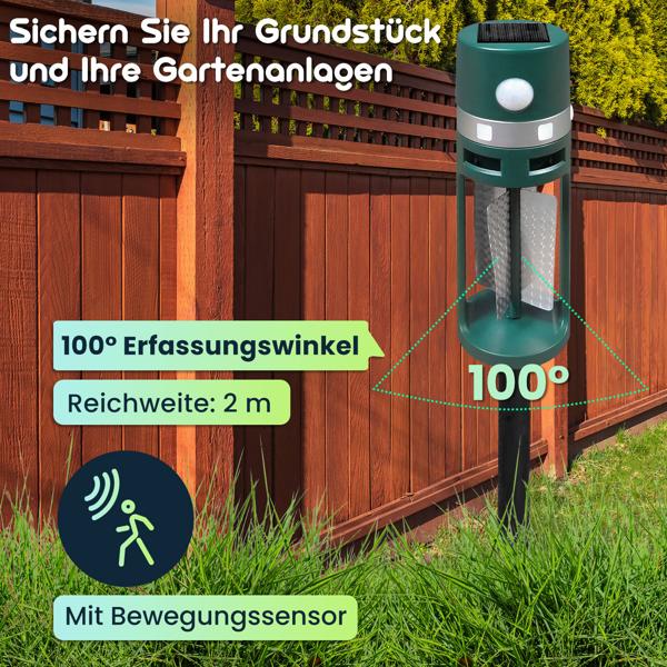 Solar Tiervertreiber mit Erdspiess und Bewegungssensor, Ultraschall und Lichtblitze, vertreibt Hunde, Katzen, Füchse, Vögel sowie Ratten und Mäuse