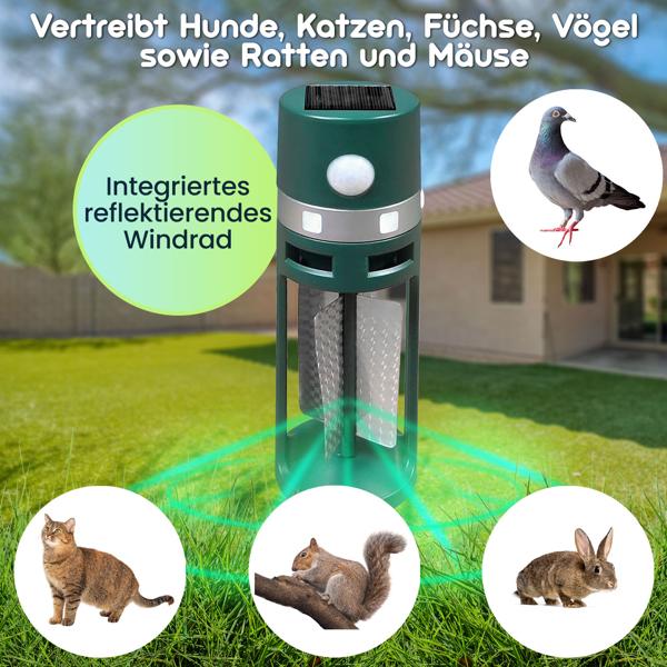Solar Tiervertreiber mit Erdspiess und Bewegungssensor, Ultraschall und Lichtblitze, vertreibt Hunde, Katzen, Füchse, Vögel sowie Ratten und Mäuse