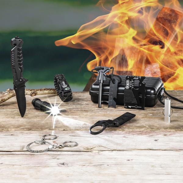 Praktisches Survival-Kit mit Wasserflasche, Klappmesser, Multitool uvm. , 9-teilig