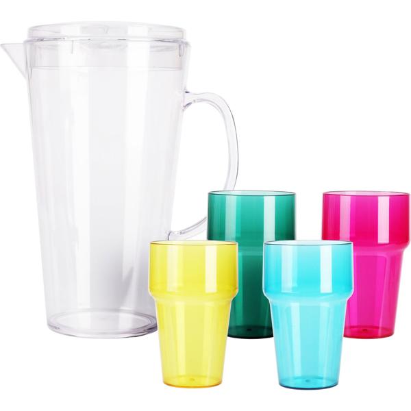 Pratica brocca d‘acqua (2,2L) con coperchio e 4 tazze colorate - Plastica senza BPA - Set da bere sicuro e colorato per l‘uso quotidiano