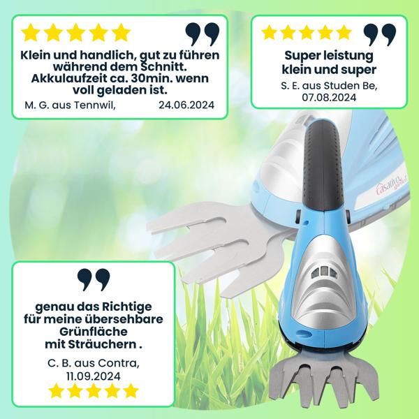 Akku Gras- und Strauchschere, 1100 U/m, wechselbares Gras- und Strauchschnittblatt, Ladestandanzeige, ergonomischer Griff, Sicherheits-Schalter