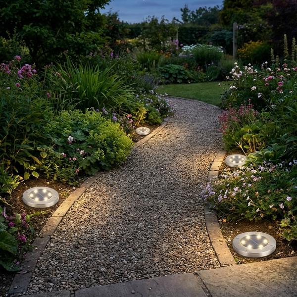 12er-Set Solar Bodenleuchte - Edelstahl mit Erdspiess - 4x SMD LED - Bis zu 8h Leuchtdauer - Ø 12x13 cm - Ideal für Gartenweg & Terrasse