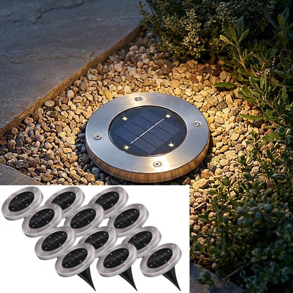 12er-Set Solar Bodenleuchte - Edelstahl mit Erdspiess - 4x SMD LED - Bis zu 8h Leuchtdauer - Ø 12x13 cm - Ideal für Gartenweg & Terrasse