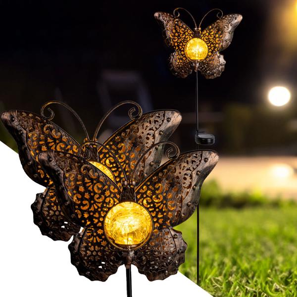2er-Set Solar-Schmetterlingsdeko: 102cm, LED Crackle-Glas, Gartenstecker - Stimmungsvolle Beleuchtung - Zauberhafter Schmetterling für Garten & Beet