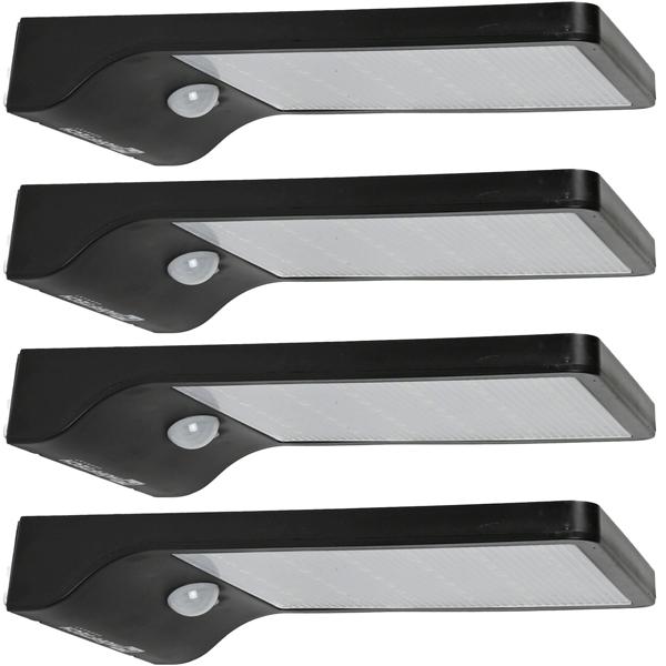 4er-Set Solar Aussenwandleuchte mit Bewegungssensor - 50lm, IP44, spritzwassergeschützt - 120° Erfassung, 42 LEDs, warmweiss - Akku: 3.7V 2200mAh
