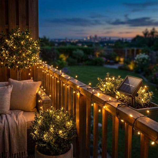 Luci solari d‘atmosfera (12 m, 100 LED) con 8 modalità e sensore crepuscolare - IP44, versatile - Per magici effetti di luce in casa, balcone, giardino