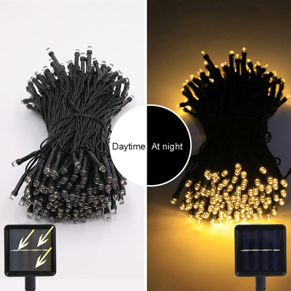 Set da 2 catene luminose solari con sensore crepuscolare – 8 modalità di luce per giardino e balcone – 12 m, 100 LED bianco caldo, protezione dagli spruzzi IP44