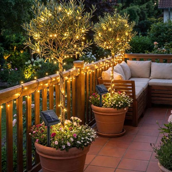 Set da 2 catene luminose solari con sensore crepuscolare – 8 modalità di luce per giardino e balcone – 12 m, 100 LED bianco caldo, protezione dagli spruzzi IP44