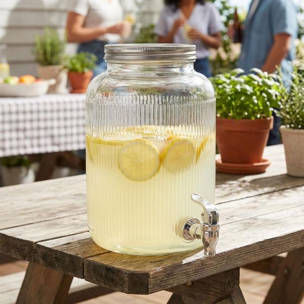 Distributeur boissons verre cylindrique 4L - Robinet couvercle étanche - Design nostalgique pour fêtes, jardin, limonades et punchs - H25xØ16cm