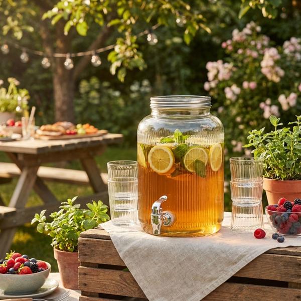 Distributeur boissons verre cylindrique 4L - Robinet couvercle étanche - Design nostalgique pour fêtes, jardin, limonades et punchs - H25xØ16cm