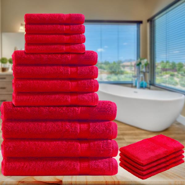 set di asciugamani in spugna da 16 pezzi, 4 asciugamani per ospiti, asciugamani per mani, asciugamani per doccia e flanelle, rosso