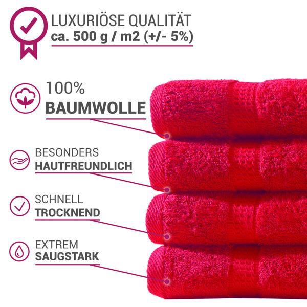 Handtuchset 24-teilig - Luxuriöse 100% Baumwolle - 8 Gäste-, 8 Hand- & 8 Duschtücher - Rot, saugstark, weich, OEKO-TEX, 500g/m²