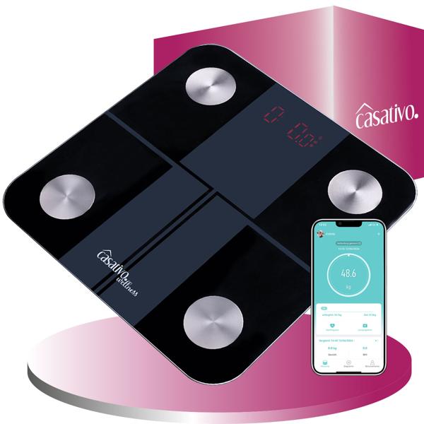 Digitale 14in1 Körperanalysewaage aus Glas, Bluetooth & App, max. 180 kg, Personenwaage mit grossem LED Display, Apple Health und Google Fit geeignet