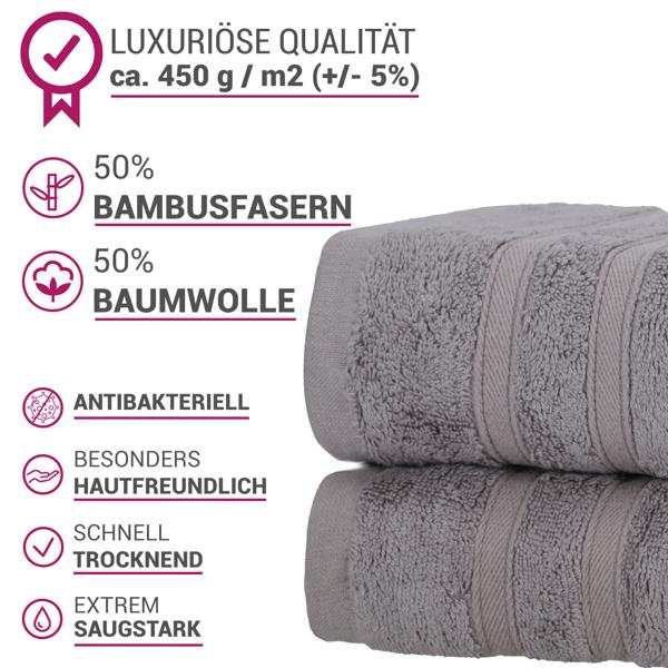 Lot de 2 Serviettes de Douche - Bambou & Coton, 70x140cm, Grises - Douces, Absorbantes, Antibactériennes - Oeko-Tex 100 - 450 g/m²