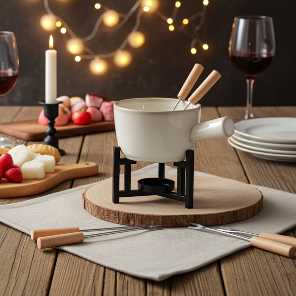 Komplett-Fondue-Set für 1-2 Personen, Porzellan & Metall, Beige-Schwarz – Mit Teelicht-Rechaud & 2 Fonduegabeln – Für Käse, Fleisch oder Schokolade