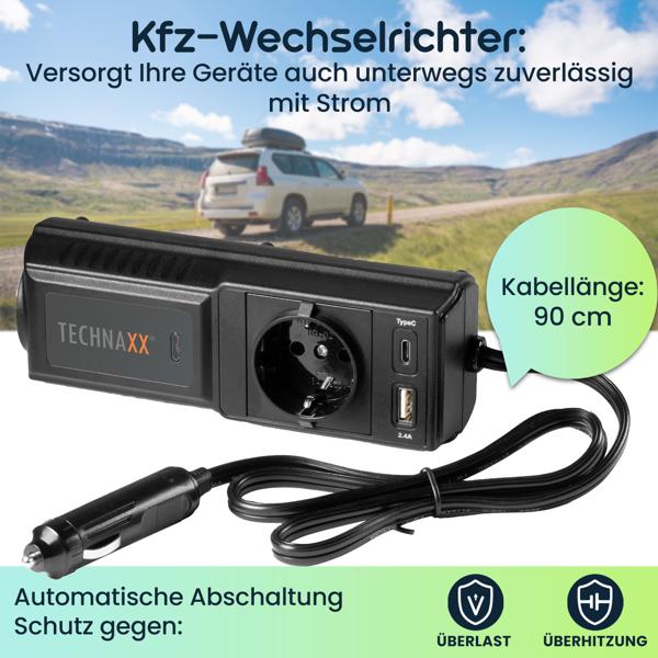 Leistungsstarker Kfz-Wechselrichter 12V auf 230V mit Steckdose & 2 USB-Ports, ideal für Auto, Camping & Reisen, zuverlässige Stromversorgung