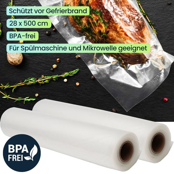 2 Profi Vakuumier-Folienschläuche, 28 x 500 cm, Profi Qualität, für Balken-Vakuumierer u. Vakuumier Schweissgeräte, BPA-frei, perfekt auch als Sous Vide Beutel