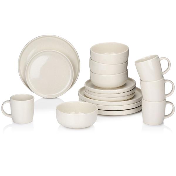 Set vaisselle faïence 16 pièces crème - Idéal quotidien, premier appartement - Durable, micro-ondes/lave-vaisselle - 4 assiettes, saladiers, tasses