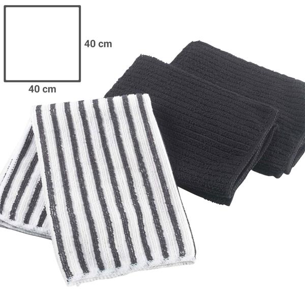 3 strofinacci in microfibra, tinta unita nera, a righe, 40 x 40 cm