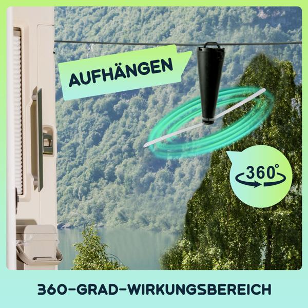 4er Akku-Fliegenvertreiber mit 2 Flügeln, tierfreundlicher Fliegenwedler ohne Chemie, Li-Ion Akku, Hinstellen, Aufhängen auf Balkon, Terrasse, im Garten