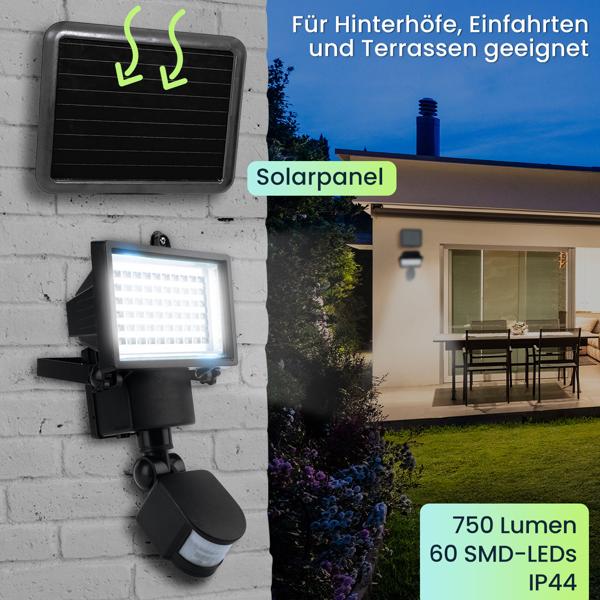 2er Solar LED Wand Fluter für aussen, PIR-Sensor 180° , 12 W, besonders helle 750 Lumen, IP44, autark dank Solarpanel, angenehmes weisses Licht