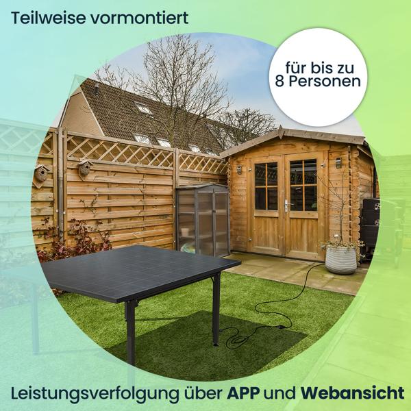 Solar Gartentisch mit 410W & Wechselrichter – Tisch-Kraftwerk für Balkon & Garten – Wetterfeste, nachhaltige Energiequelle mit App