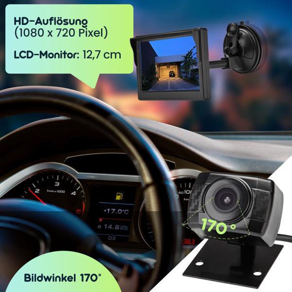 Kabellose Auto Funk-Rückfahrkamera, HD Qualität, FarbDisplay 12,7 cm, AHD-Sensor, IR Nachtsicht, Einparkhilfe für PKW, Gelände KFZ, Caravans