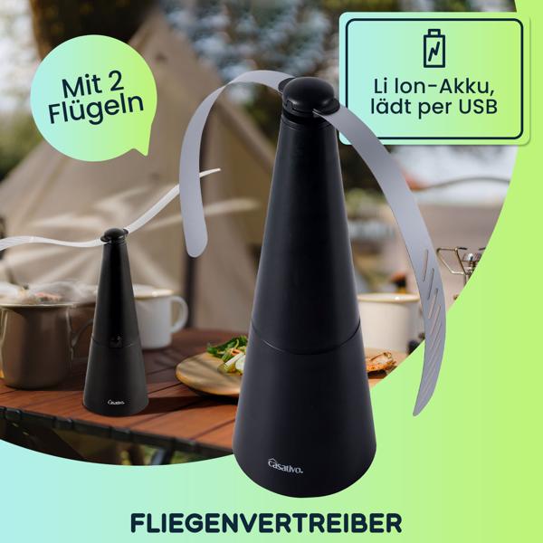 Akku-Fliegenvertreiber mit 2 Flügeln, tierfreundlicher Fliegenwedler ohne Chemie, Li-Ion Akku, Hinstellen, Aufhängen auf Balkon, Terrasse, im Garten