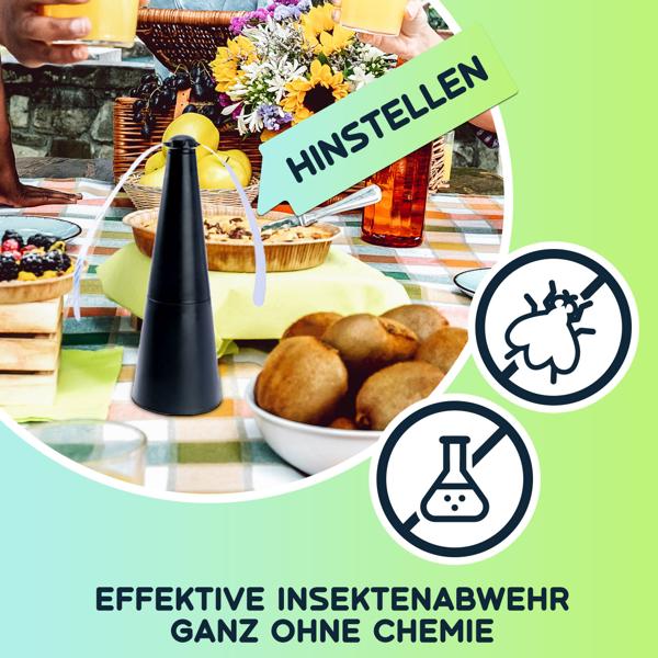 Akku-Fliegenvertreiber mit 2 Flügeln, tierfreundlicher Fliegenwedler ohne Chemie, Li-Ion Akku, Hinstellen, Aufhängen auf Balkon, Terrasse, im Garten