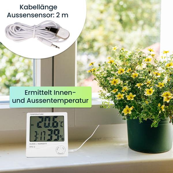 Digitales Hygrometer & Thermometer mit Aussenfühler, Uhr & Wecker: LCD Display, weiss – Raumklima präzise messen