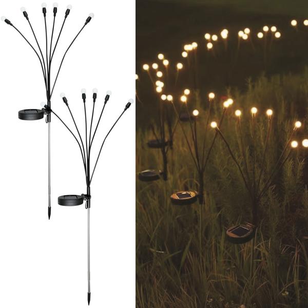 2er-Set LED Solar-Gartenlampe Glühwürmchen mit 6 Armen, bewegliche LEDs, rostfreier Stahl, IP44, Erdspiess, schwarz, für zauberhafte Lichteffekte