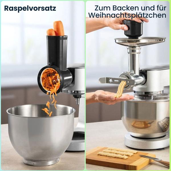 Profi-Edelstahl Küchenmaschine inkl. Fleischwolf und Mixer, Smoothie-Mixer, Rührgerät mit 6 Liter Schüssel, Rührbesen und umfangreichem Zubehör, 1500 W