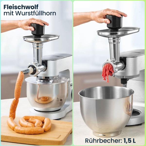 Profi-Edelstahl Küchenmaschine inkl. Fleischwolf und Mixer, Smoothie-Mixer, Rührgerät mit 6 Liter Schüssel, Rührbesen und umfangreichem Zubehör, 1500 W