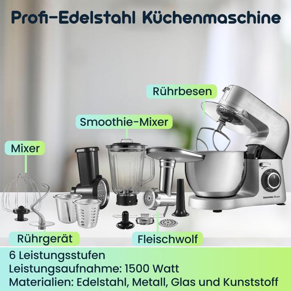 Profi-Edelstahl Küchenmaschine inkl. Fleischwolf und Mixer, Smoothie-Mixer, Rührgerät mit 6 Liter Schüssel, Rührbesen und umfangreichem Zubehör, 1500 W