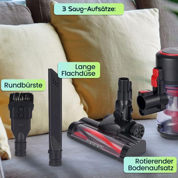 Akku-Handstaubsauger & Bodensauger 2in1 mit Elektrobürste: 18 kPa Saugkraft, beutellos, 2 Modi – Schmutz & Staub einfach verschwinden lassen