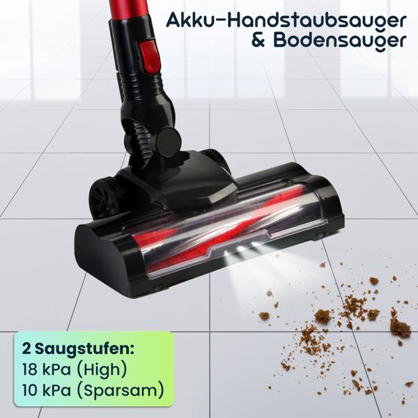 Akku-Handstaubsauger & Bodensauger 2in1 mit Elektrobürste: 18 kPa Saugkraft, beutellos, 2 Modi – Schmutz & Staub einfach verschwinden lassen