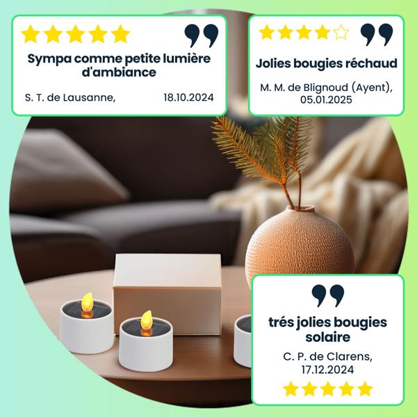 Lot de 4 bougies à réchaud LED solaires – blanc chaud – IP44, avec capteur crépusculaire – sans fil, basse consommation – pour jardin, balcon, décoration